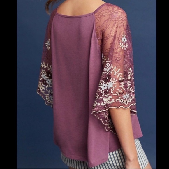 Anthropologie Sz M Embroidered Lace Sleeve Blouse by Akemi + Kin EUC pink purple - Picture 3 of 5